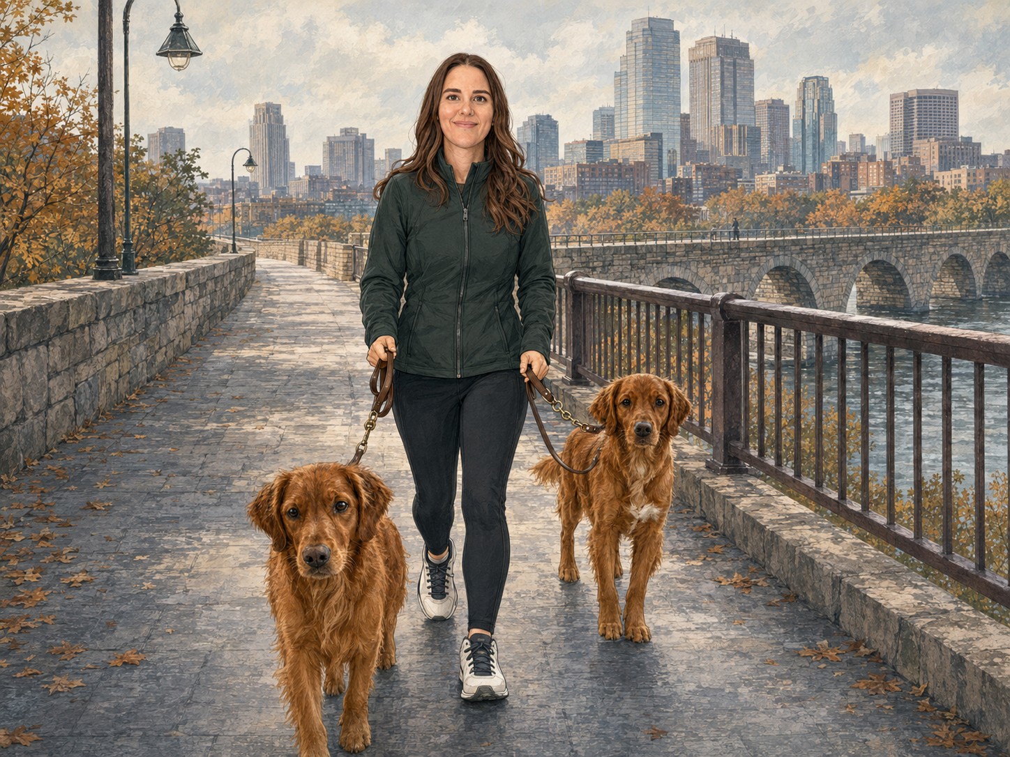 Dr. Heather Flatgard walking her golden retrievers in Minneapolis, MN
